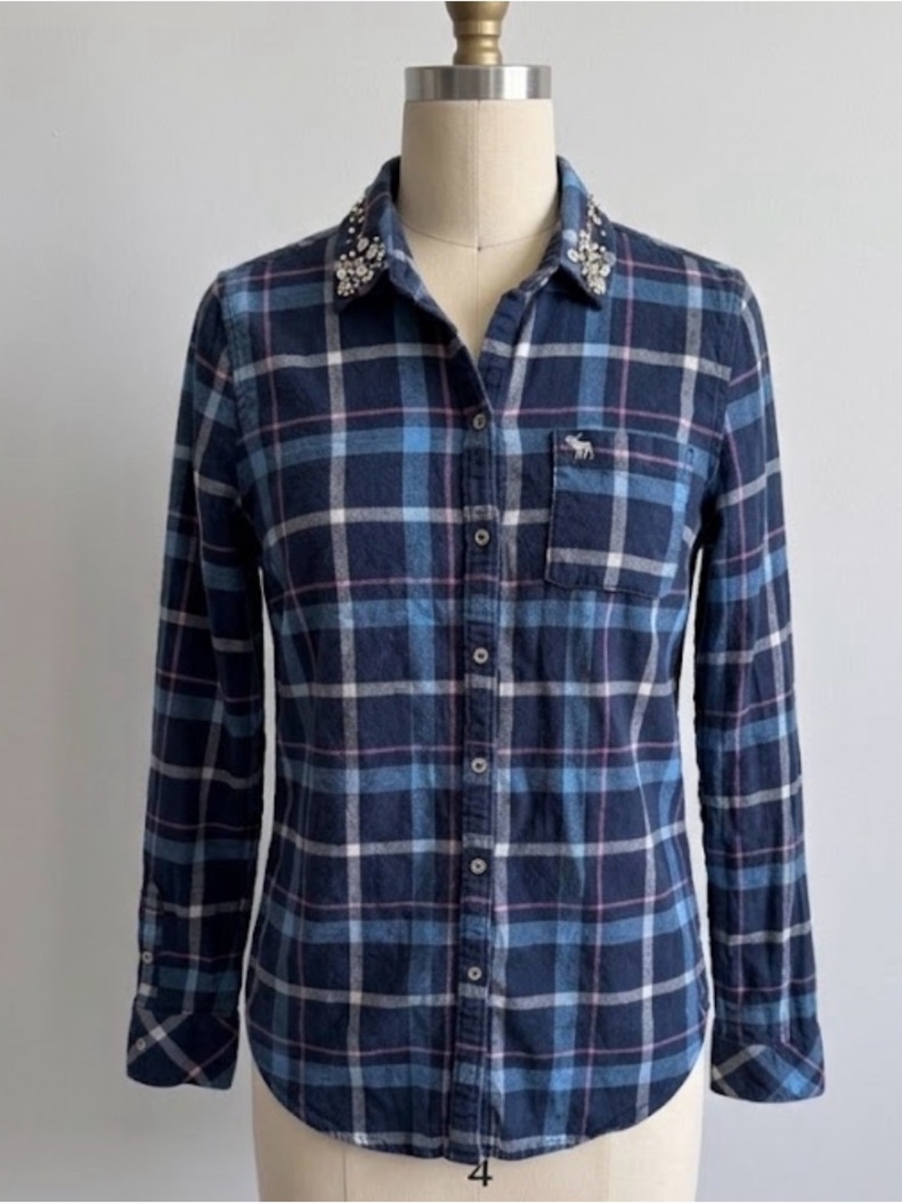 Abercrombie & Fitch Plaid Flannel Button Up Rhinestone Embellished Collar Fall L